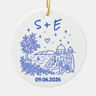 Santorini Destination Wedding Initials & Date Ceramic Ornament