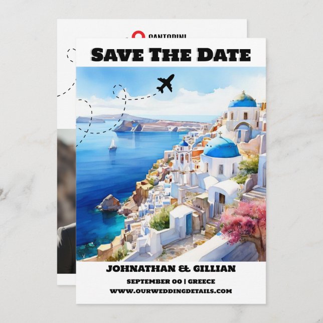 Santorini destination wedding save the date modern (Front/Back)