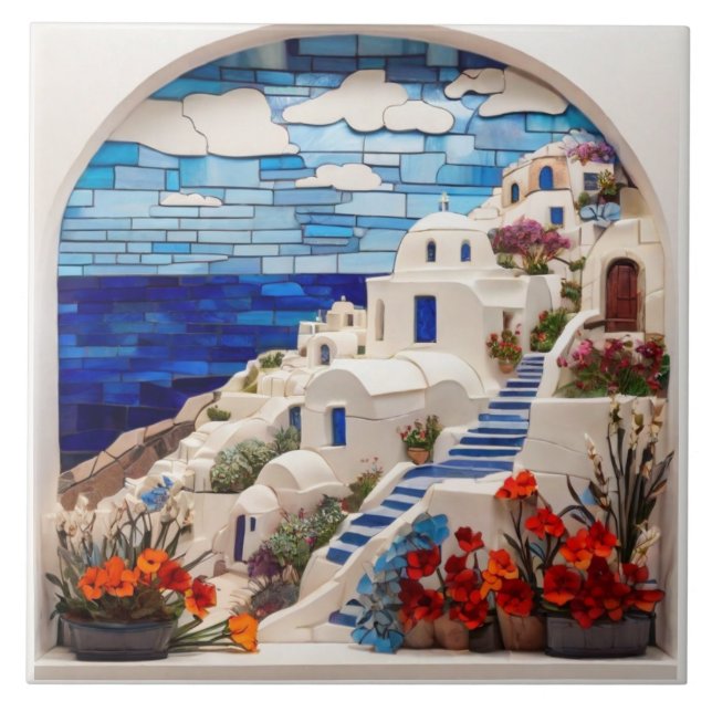 Santorini Faux Relief Mosaic Arch, Greek Village Ceramic Tile (Front)