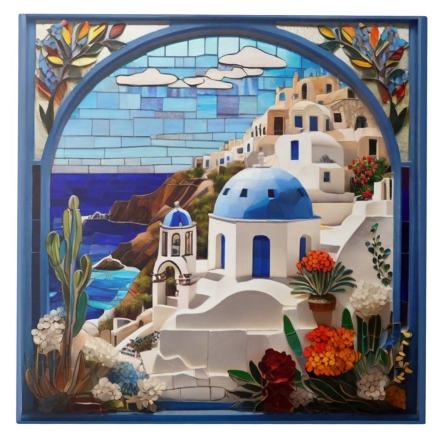 Santorini Faux Stained Glass Arch, Greece, Greek Ceramic Tile (Front)