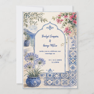 Santorini floral Blue Tile Watercolor Wedding Invitation
