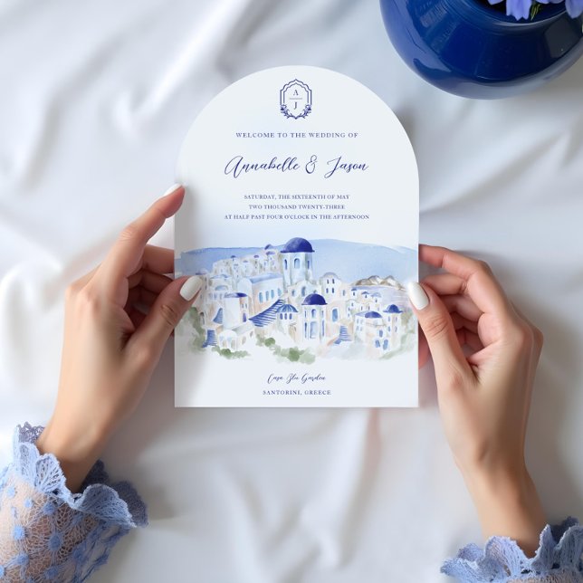 Santorini Greece Architecture Watercolor Wedding Invitation (Santorini Greece Architecture Watercolor Wedding Invitation)