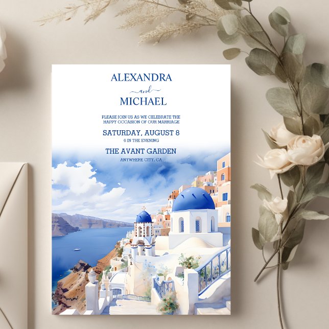 Santorini Greece Architecture Watercolor Wedding Invitation (Creator Uploaded)