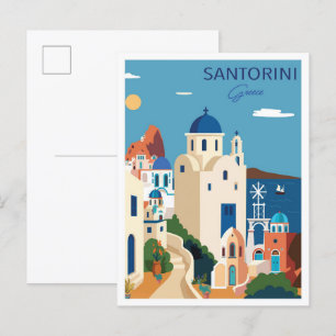 Santorini Greece Art Vintage Illustration Travel Postcard