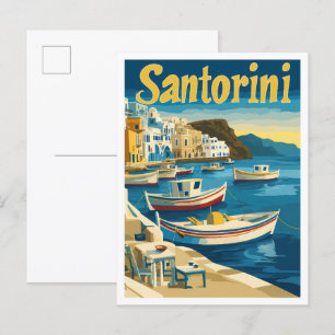 Santorini Greece Art Vintage Travel Illustration Postcard
