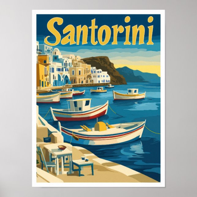 Santorini Greece Art Vintage Travel Illustration Poster (Front)