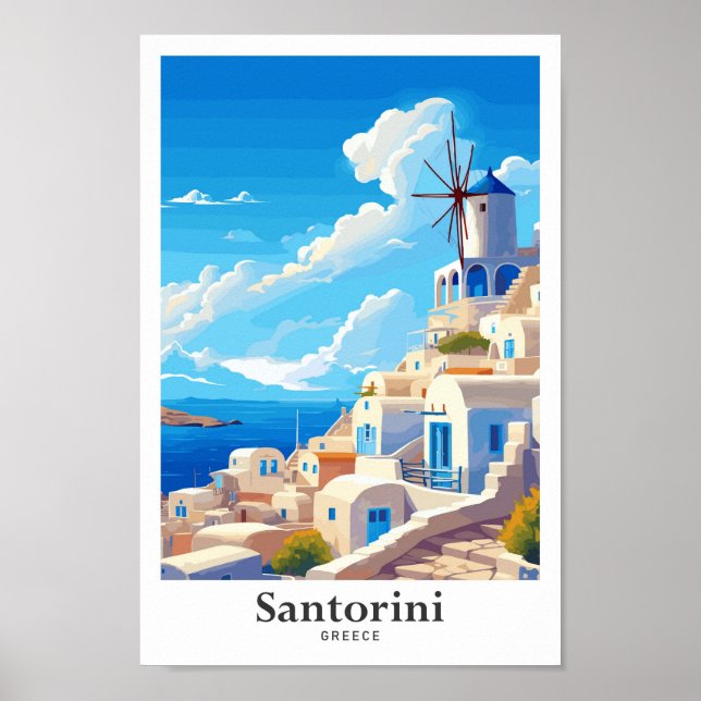 Santorini Greece Art Vintage Travel Illustration Poster (Front)