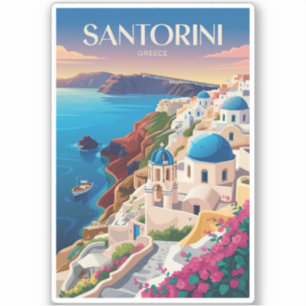 Santorini Greece Blue Dome Travel Art Vintage