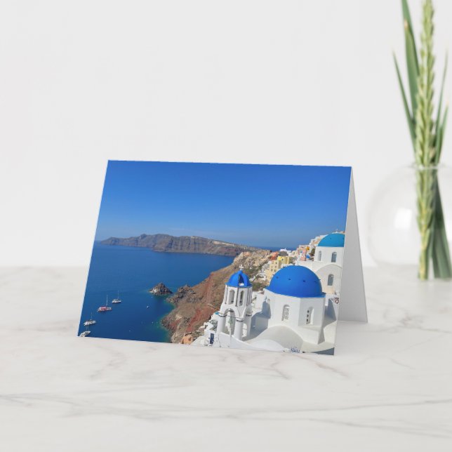 Santorini Greece Blue Domed Church Photograph Card (Front)