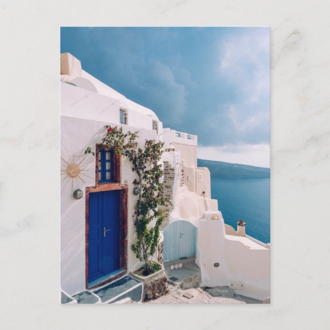 Santorini Greece - blue door at santorini greece T Postcard (Front)