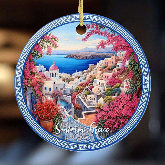 Santorini Greece Bougainvillea Painting Travel Art Ceramic Ornament (Santorini Greece Bougainvillea Painting Travel Art Ceramic Ornament)