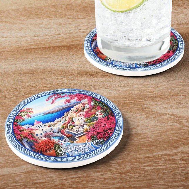 Santorini Greece Bougainvillea Painting Travel Coaster (Santorini Greece Bougainvillea Painting Travel Coaster)