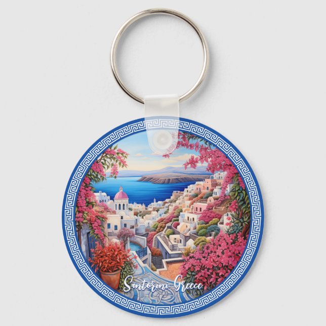 Santorini Greece Bougainvillea Painting Travel Key Ring (Front)