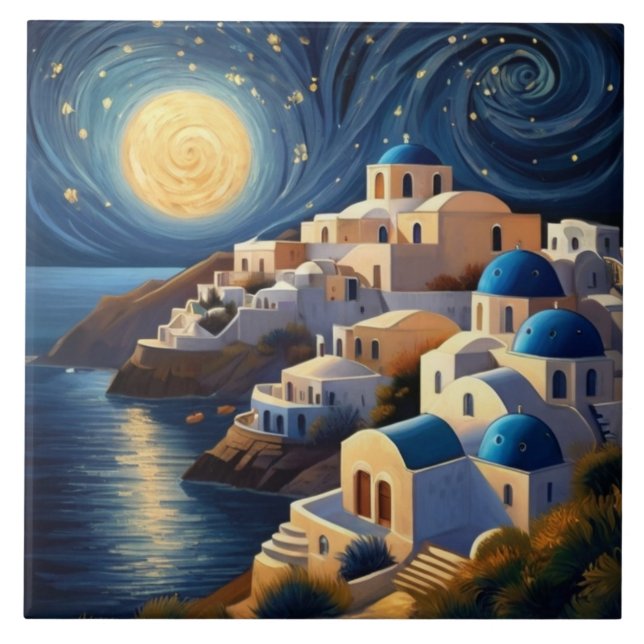 Santorini, Greece by Moon light - Greek Island Art Ceramic Tile (Front)