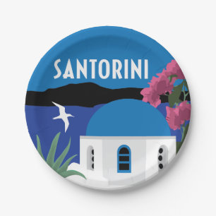 Santorini Greece colourful illustration Paper Plate