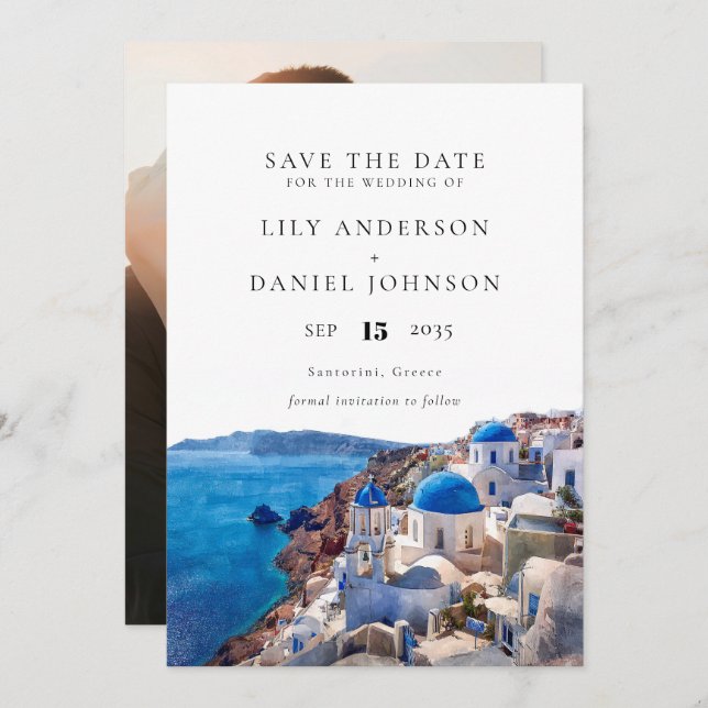 Santorini Greece Destination Photo Wedding Save The Date (Front/Back)