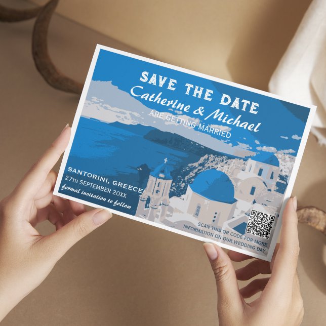 Santorini Greece Destination Wedding QR Code Save The Date (Creator Uploaded)