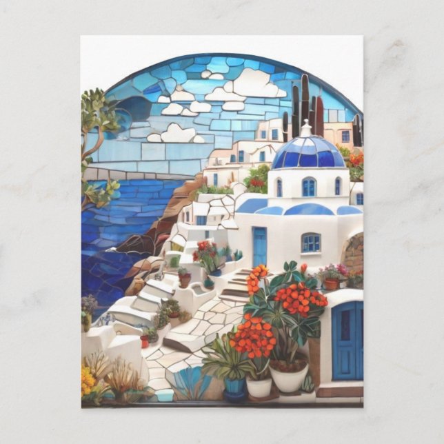 Santorini Greece Faux Mosaic Arch, Greek Village Postcard (Front)