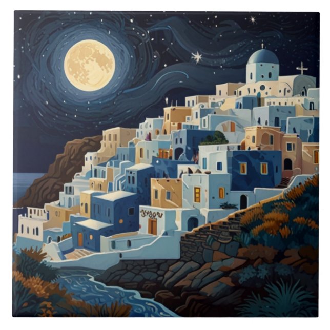 Santorini, Greece Full Moon Night Greek Village Ceramic Tile (Front)