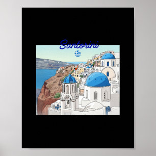 Santorini Greece Greek Flag Vacation Art Blue Dome Poster