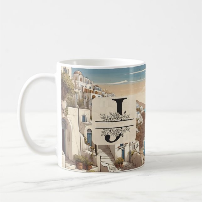 Santorini greece greek island monogram travel blue coffee mug (Left)