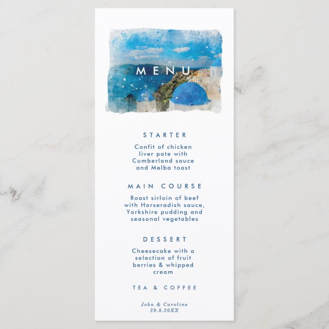 Santorini, Greece greek wedding menu cards (Front)