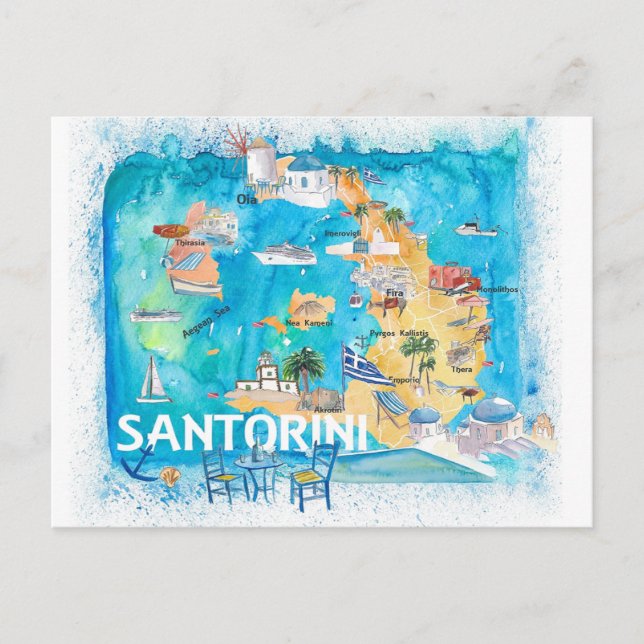 Santorini Greece Illustrated Map with Main Roads  Postcard (Front)