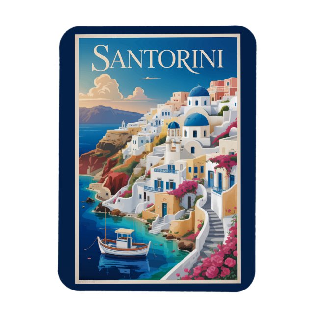 Santorini Greece Illustration Travel Art Vintage Magnet (Vertical)