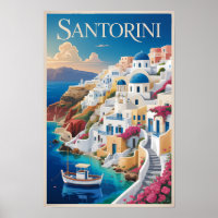 Santorini Greece Illustration Travel Art Vintage