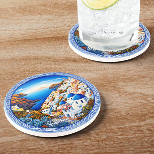 Santorini Greece Island Painting Travel Art Coaster