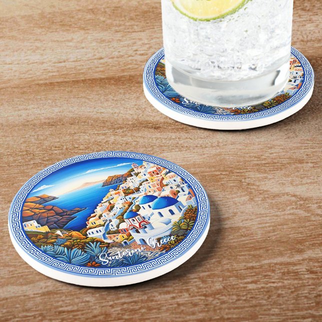 Santorini Greece Island Painting | Travel Art  Coaster (Santorini Greece Island Painting | Travel Art Coaster)