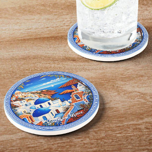 Santorini Greece Island Sea Painting Travel Art Coaster