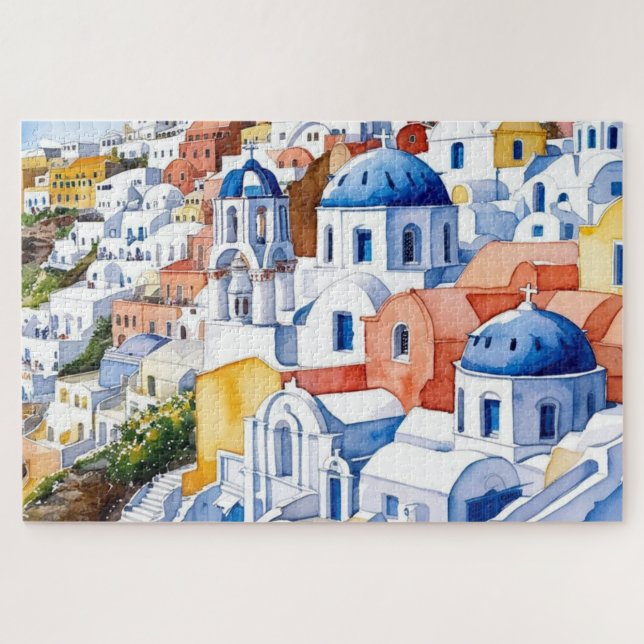 Santorini Greece Keepsake Watercolor Puzzle (Horizontal)