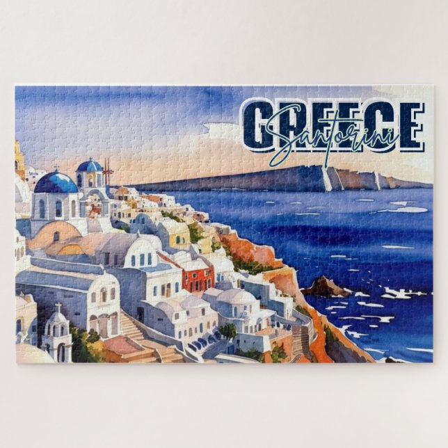 Santorini Greece Keepsake Watercolor Puzzle (Horizontal)