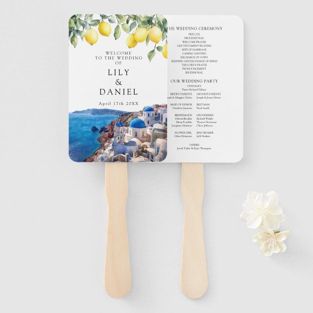 Santorini Greece Lemons Watercolor Wedding Program Hand Fan (Front and Back)