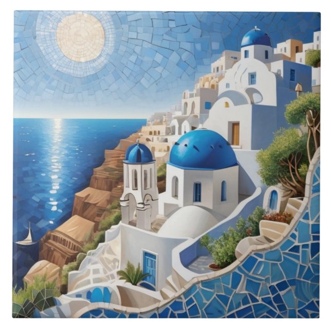 Santorini Greece Mixed Media Mosaic - Greek Island Ceramic Tile (Front)
