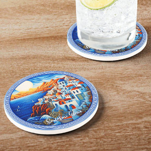 Santorini Greece Painting Travel Art Coaster