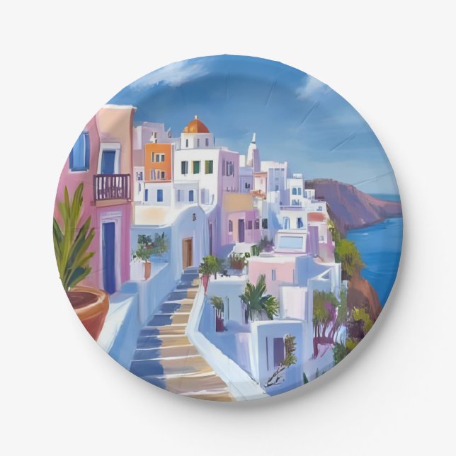 Santorini Greece Painting Watercolor Travel Paper Plate (Front)