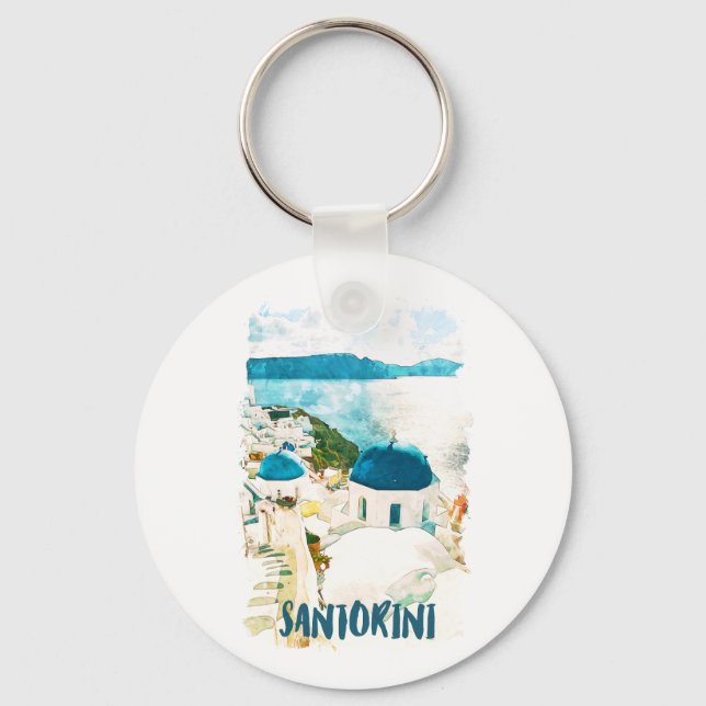Santorini Greece Travel Watercolor  Key Ring (Front)
