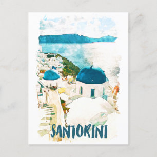 Santorini Greece Travel Watercolor  Postcard