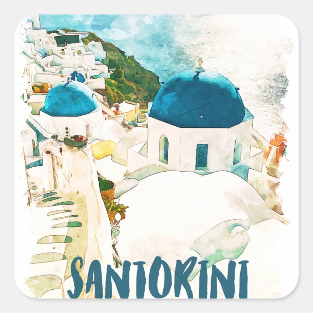Santorini Greece Travel Watercolor Poster Square Sticker (Front)