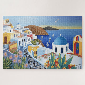 Santorini Greece Vibrant Watercolor Painting Jigsaw Puzzle