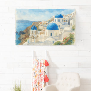 Santorini Greece Watercolor  Blue Dome Church Art Banner