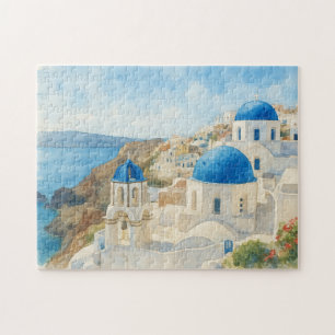 Santorini Greece Watercolor  Blue Dome Church Art Jigsaw Puzzle