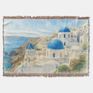Santorini Greece Watercolor Blue Dome Church Art Throw Blanket