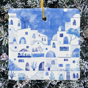 Santorini Greece Watercolor Ceramic Ornament