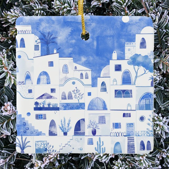 Santorini Greece Watercolor Ceramic Ornament (Santorini Oia Greek island blue and white watercolor art Christmas ornament)