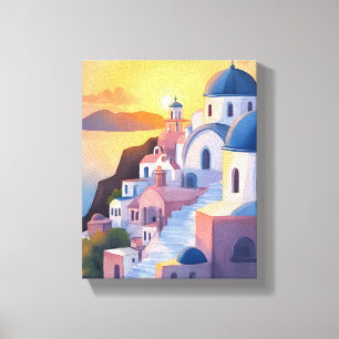 Santorini, Greece Watercolor Coastline Sunset Canvas Print