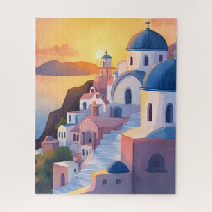 Santorini, Greece   Watercolor Coastline Sunset Jigsaw Puzzle