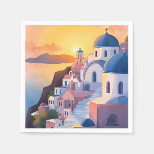 Santorini, Greece   Watercolor Coastline Sunset Napkin